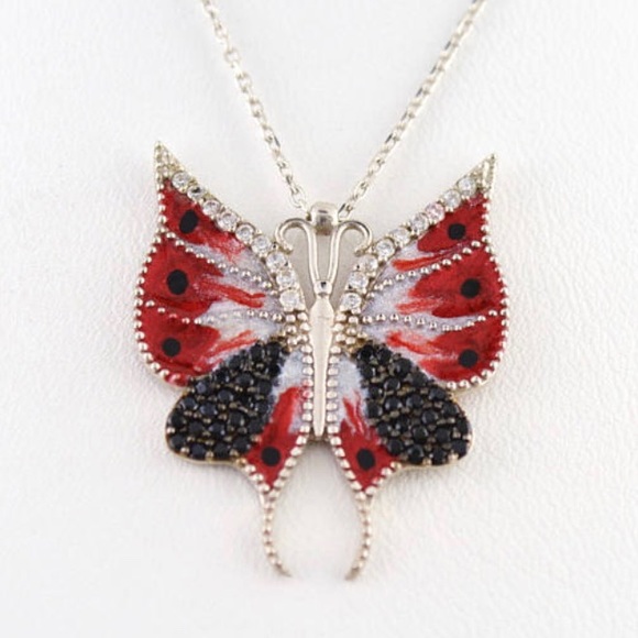 925 Silver necklace red butterfly enamel - Picture 1 of 1